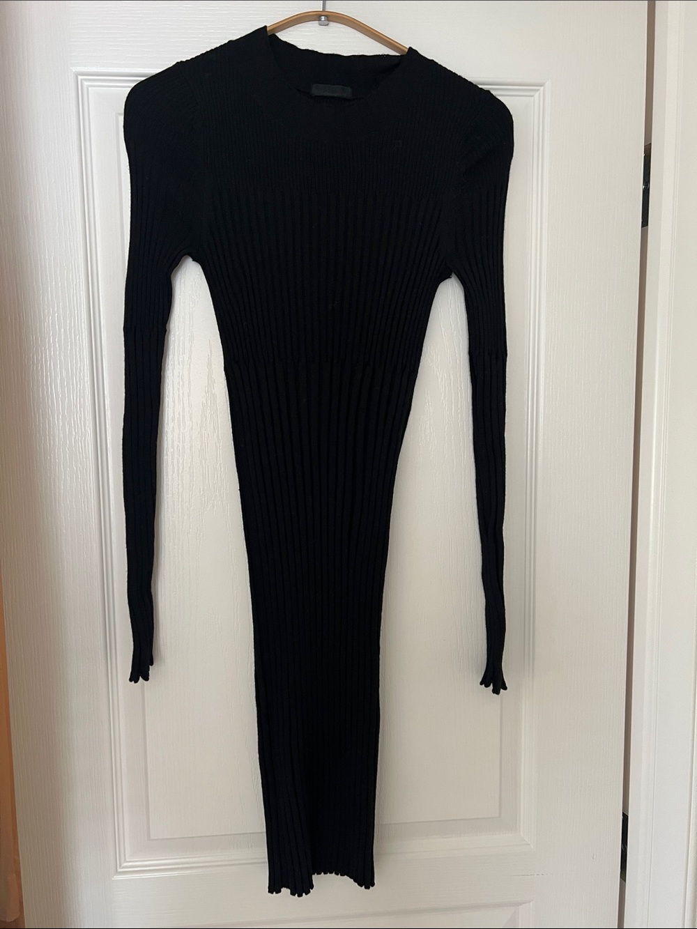 ATM Black Ribbed Long-Sleeve Bodycon Dress 100% Merino Wool